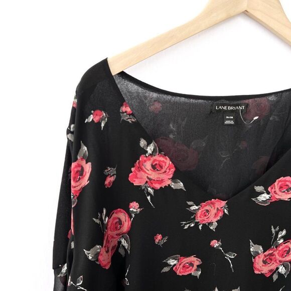 Lane Bryant Black Red Rose Floral Print Semi Sheer Ruffle Sleeve Top 26/28 - Picture 2 of 7
